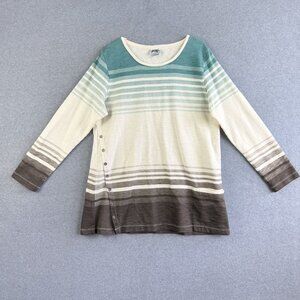 Wild Palms Cotton Striped Button Tunic Top Teal Brown Cream XL Long Sleeve